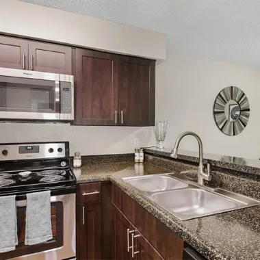 Open kitchen with bar area and stainless appliances at Willowbrooke Apartments in Lakeland