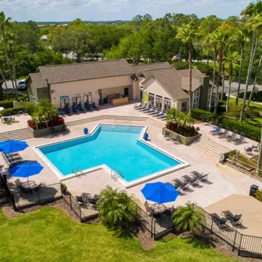 Aerial view of the pool and sundeck area at Willowbrooke Apartments in Lakeland, FL